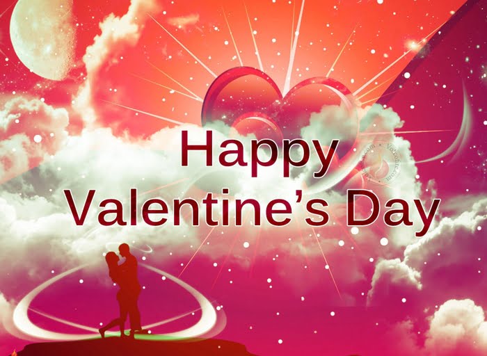 Hình valentine hai người yêu nhau trong ánh sáng của tình yêu trên nền bầu trời