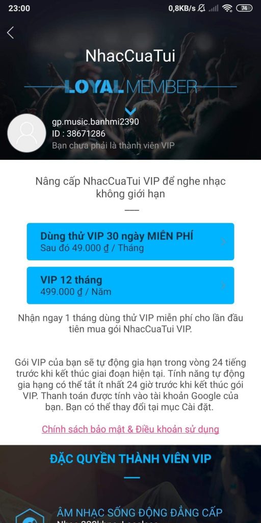 Chọn gói VIP Nhaccuatui dùng thử free