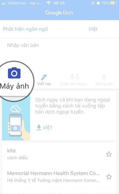 Nút chụp dịch tiếng Trung bằng hình ảnh của Google Dịch