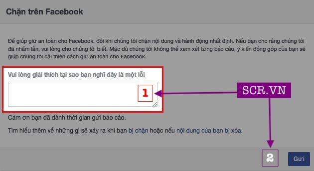 Điền nội dung giải thích Facebook và Gửi