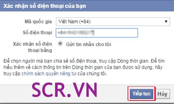 Nhập số điện thoại và tiếp tục