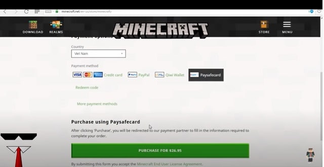 Bước 1 - Chọn Paysafecard để thanh toán mua tài khoản Minecraft