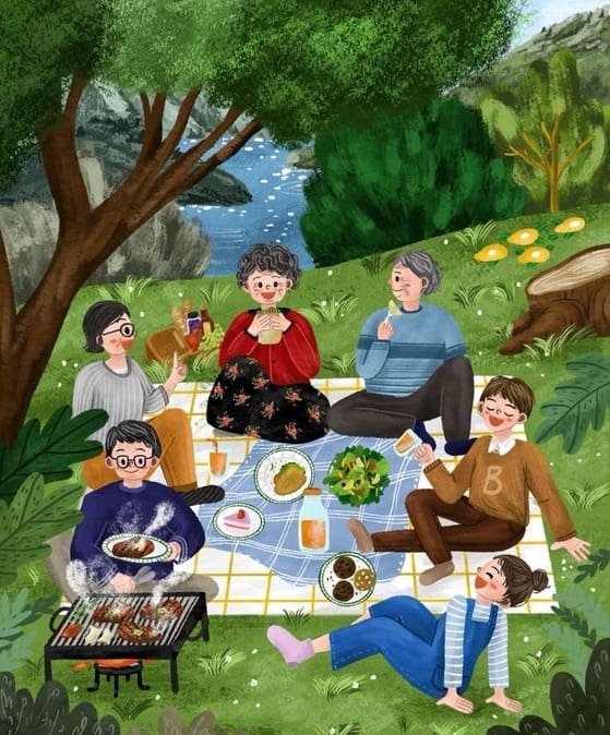 Tranh gia đình đi picnic ấn tượng