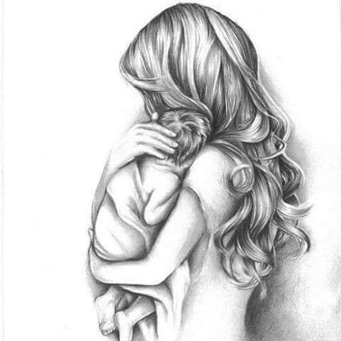Tranh mẹ ôm con bằng bút chì siêu đẹp