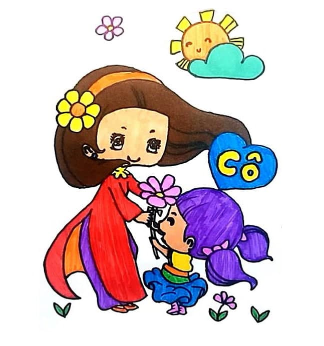 Vẽ chibi học sinh tặng hoa cô cute