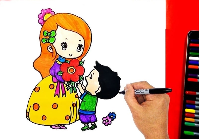 Vẽ chibi học sinh tặng hoa cô dễ thương