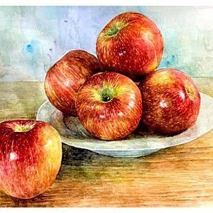 Tranh quả táo bằng màu sáp dầu chân thực
