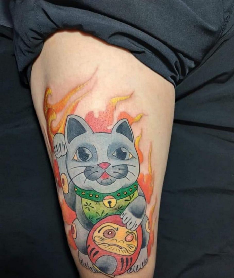 Tattoo Mèo Thần Tài Và Daruma Đẹp