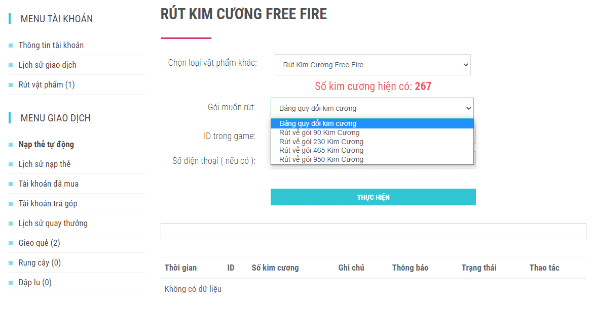 Rút Kim Cương Free Fire Trên Web