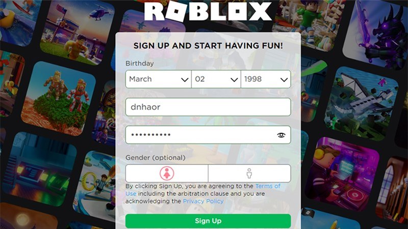 Truy cập trang web của Roblox và điền đầy đủ thông tin đăng ký