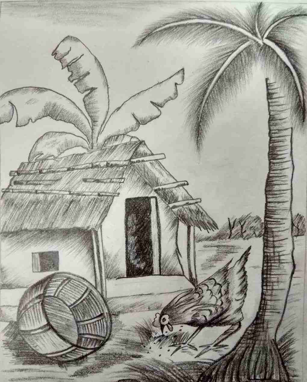 Hình mẫu vẽ phong cảnh làng quê bằng bút chì sáng tạo