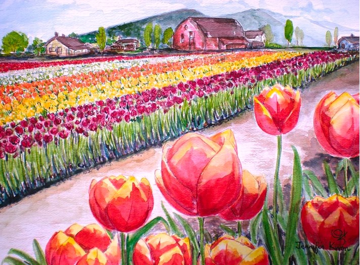 Mẫu Tranh Vẽ Vườn Bông Tulip