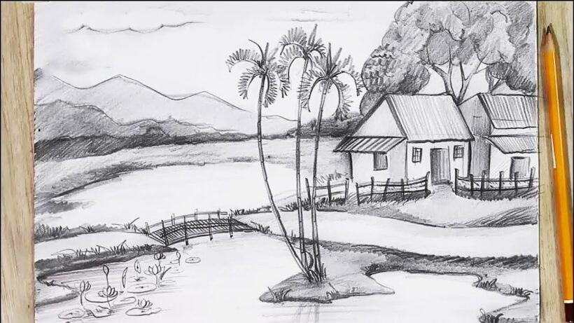 Mẫu vẽ phong cảnh làng quê bằng bút chì đẹp và sáng tạo
