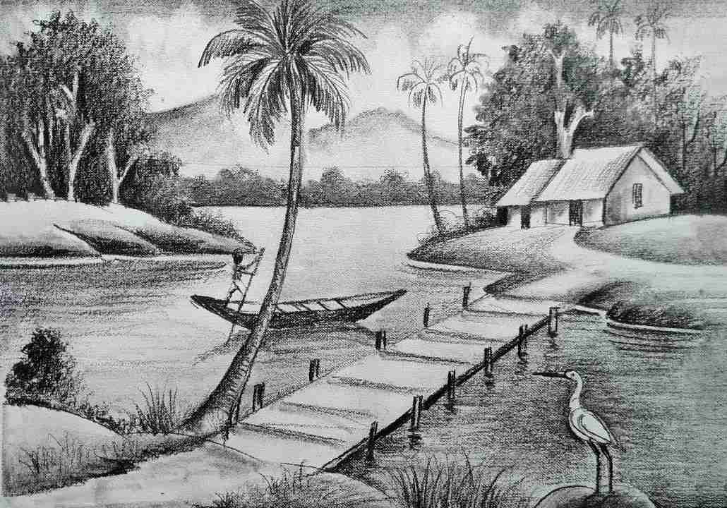 Mẫu vẽ phong cảnh làng quê bằng bút chì sáng tạo nhất