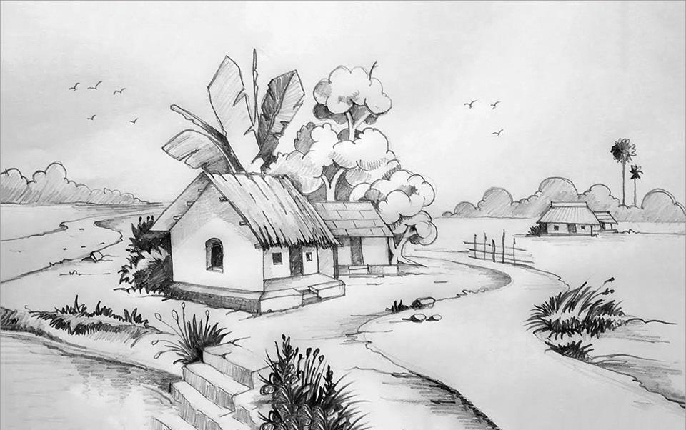 Mẫu vẽ phong cảnh làng quê bằng bút chì sáng tạo