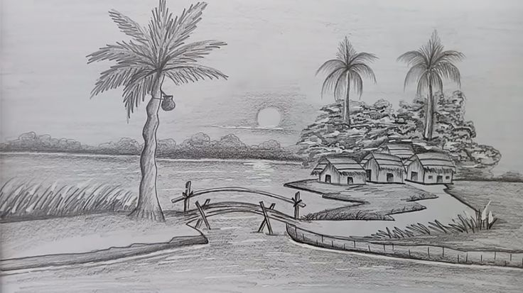Mẫu vẽ phong cảnh làng quê sáng tạo bằng bút chì