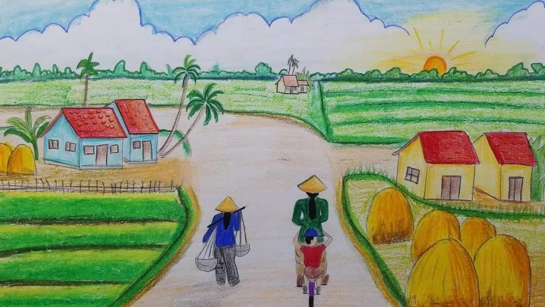 Những hình tranh phong cảnh làng quê bằng bút chì màu sinh động nhất