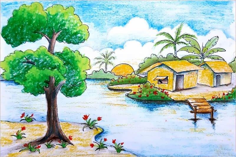 Những hình tranh phong cảnh làng quê bằng bút chì màu sinh động