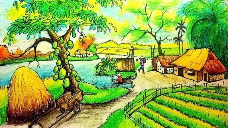 Những hình tranh phong cảnh làng quê sinh động bằng bút chì màu
