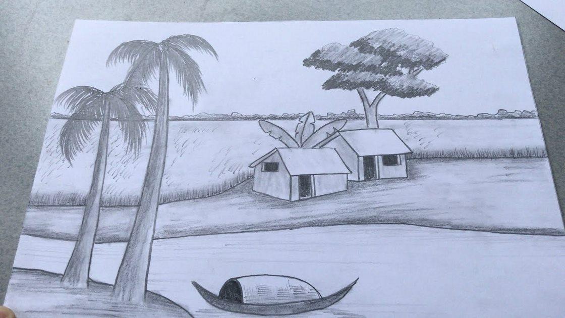 Share tranh phong cảnh làng quê bằng bút chì đơn giản (3)