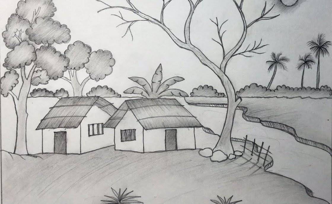 Share tranh phong cảnh làng quê bằng bút chì đơn giản nhất