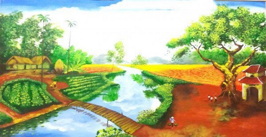 Tranh phong cảnh làng quê bằng màu nước sinh động