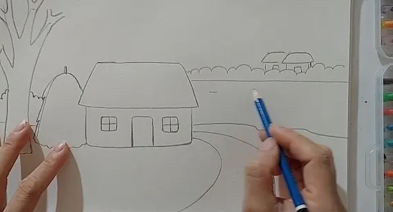 Vẽ cây, cỏ, những ngôi nhà nhỏ
