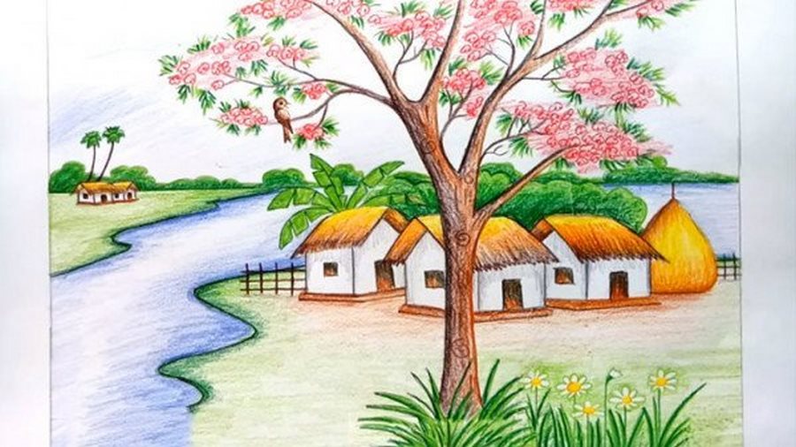 Vẽ phong cảnh làng quê bằng bút chì màu đẹp nhất