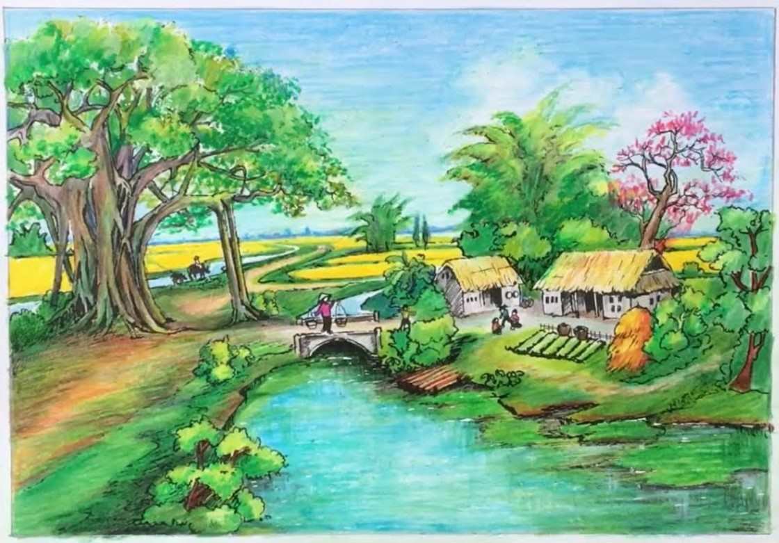 Vẽ phong cảnh làng quê bằng bút chì màu
